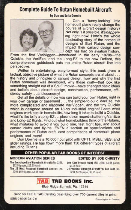 Complete Guide to Rutan Homebuilt Aircraft By Don & Julia Downie
